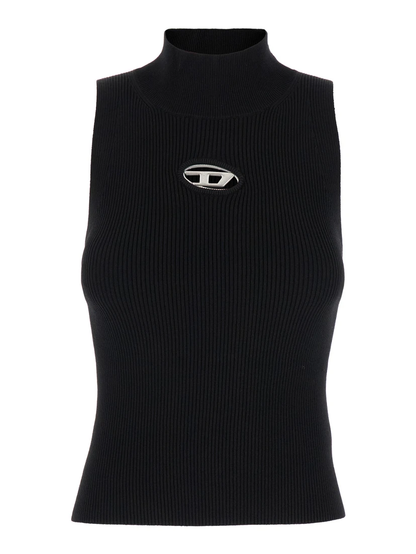 Black Tank Top with D Logo Cut-Out in Ribbed Jersey Woman