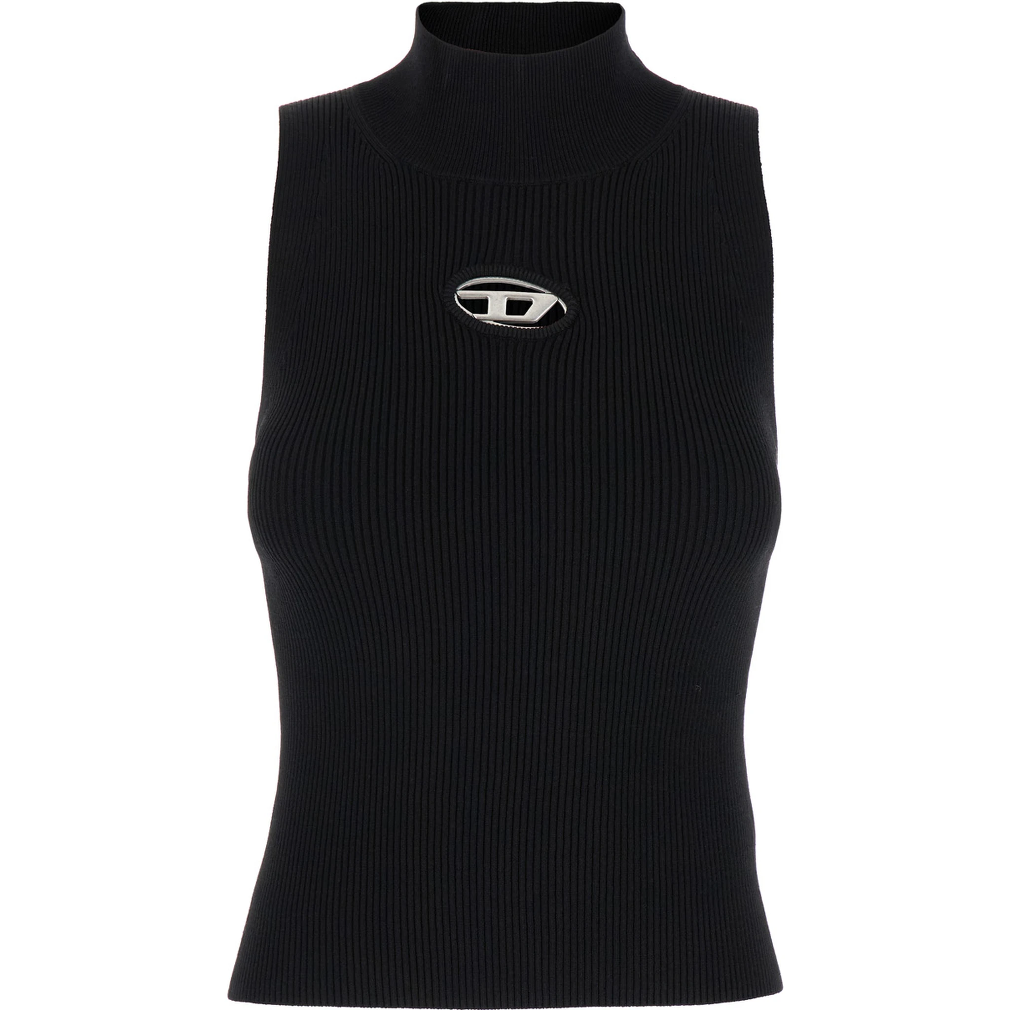 Black Tank Top with D Logo Cut-Out in Ribbed Jersey Woman