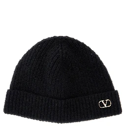 Black Knit Beanie with VLogo on the Front in Cashmere Man