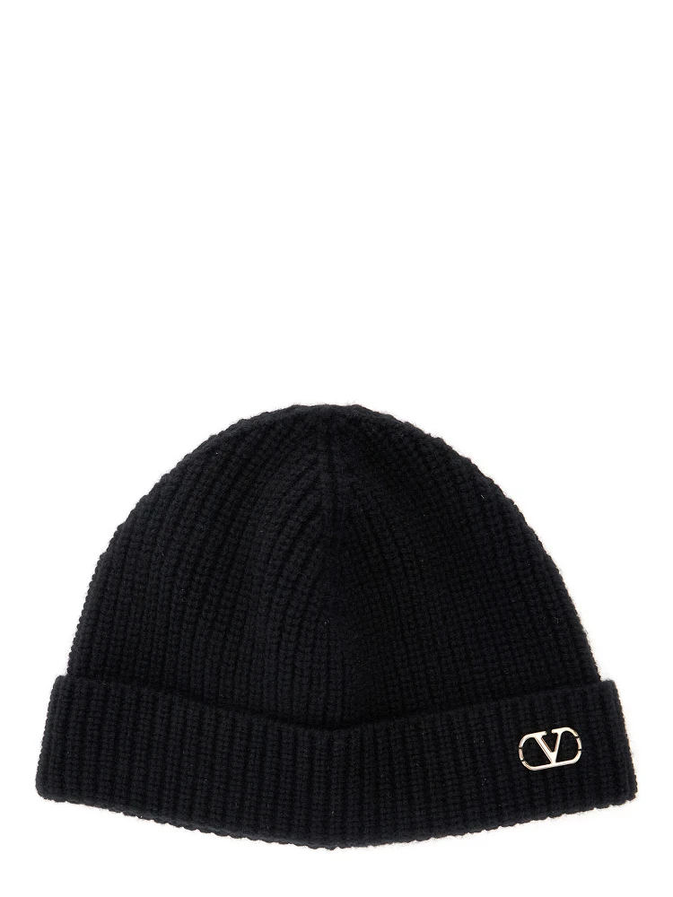 Black Knit Beanie with VLogo on the Front in Cashmere Man