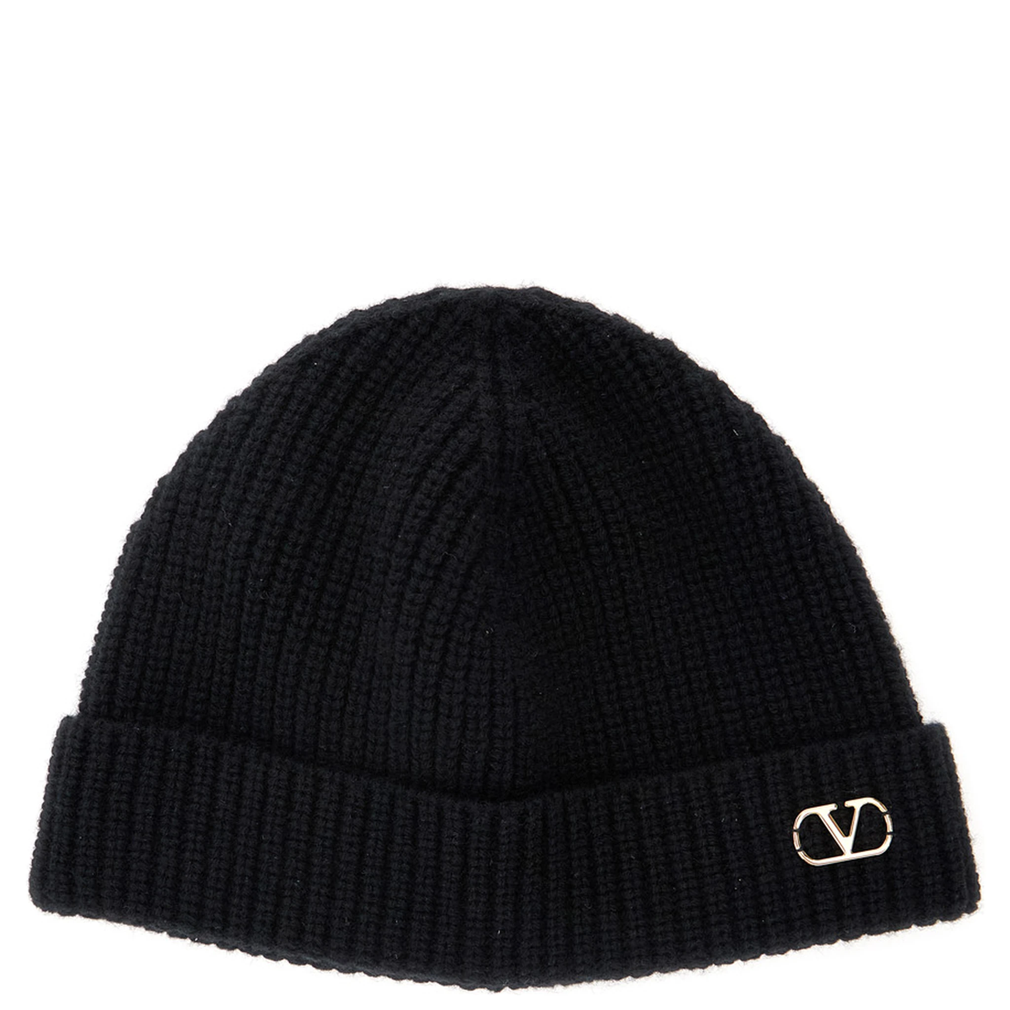 Black Knit Beanie with VLogo on the Front in Cashmere Man