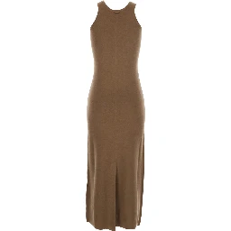 Aceri Brown Dress with Round Neck and Rear Single Slit in Wool Woman