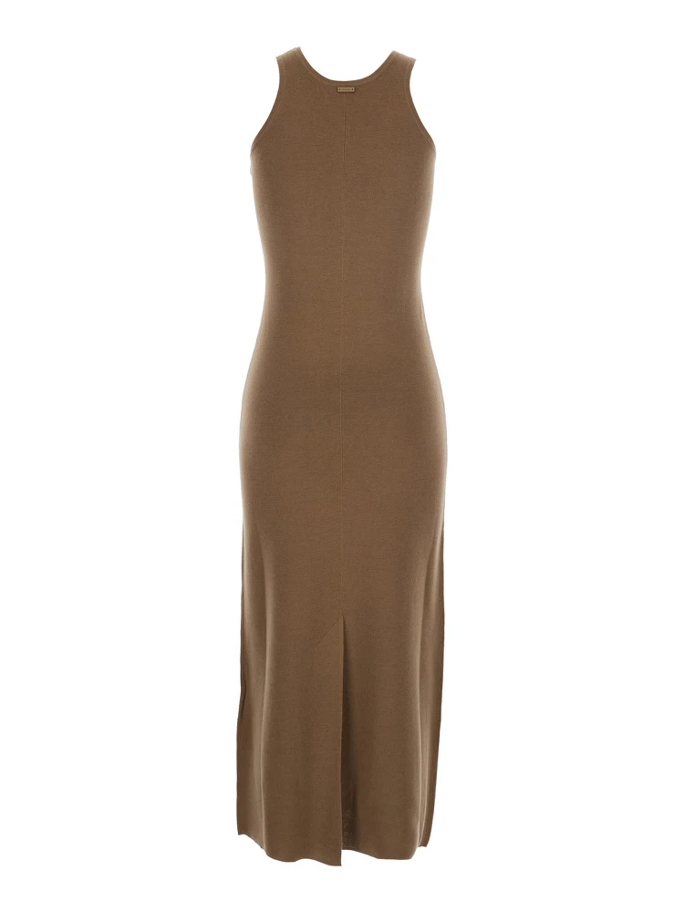 Aceri Brown Dress with Round Neck and Rear Single Slit in Wool Woman