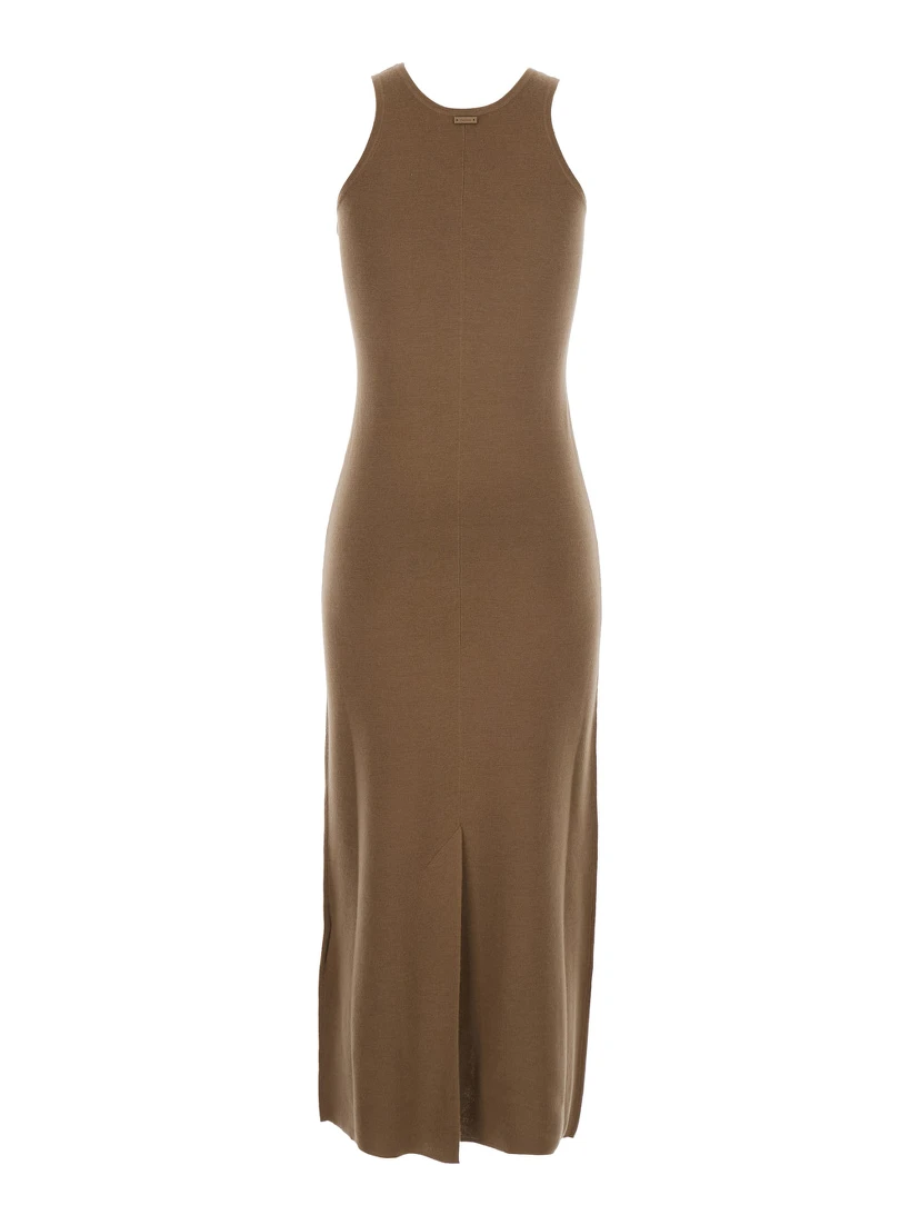 Aceri Brown Dress with Round Neck and Rear Single Slit in Wool Woman