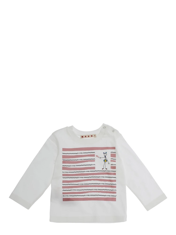 White Long Sleeve T-Shirt with Front Print in Cotton Girl