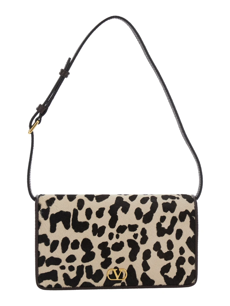 Brown Mini Bag with Adjustable Shoulder Strap and Leopard Motif in Leather Woman