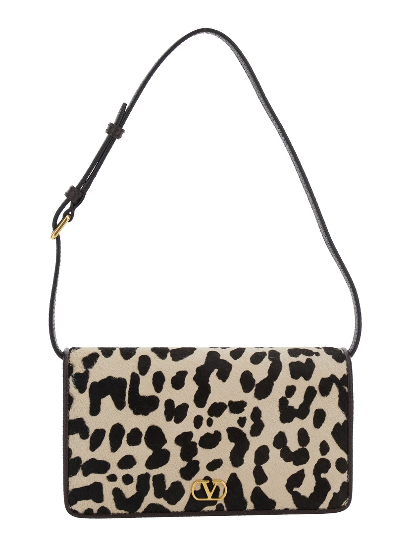 Brown Mini Bag with Adjustable Shoulder Strap and Leopard Motif in Leather Woman