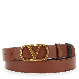 Brown Reversible Belt with VLogo Buckle Closure in Leather Man