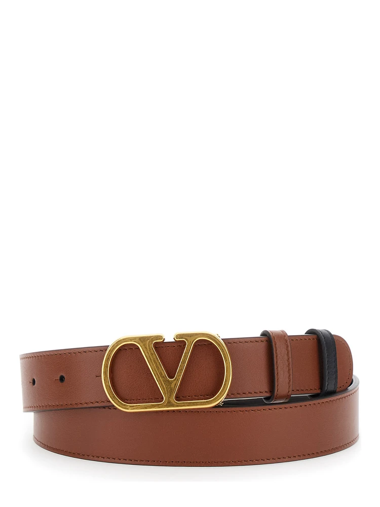 Brown Reversible Belt with VLogo Buckle Closure in Leather Man