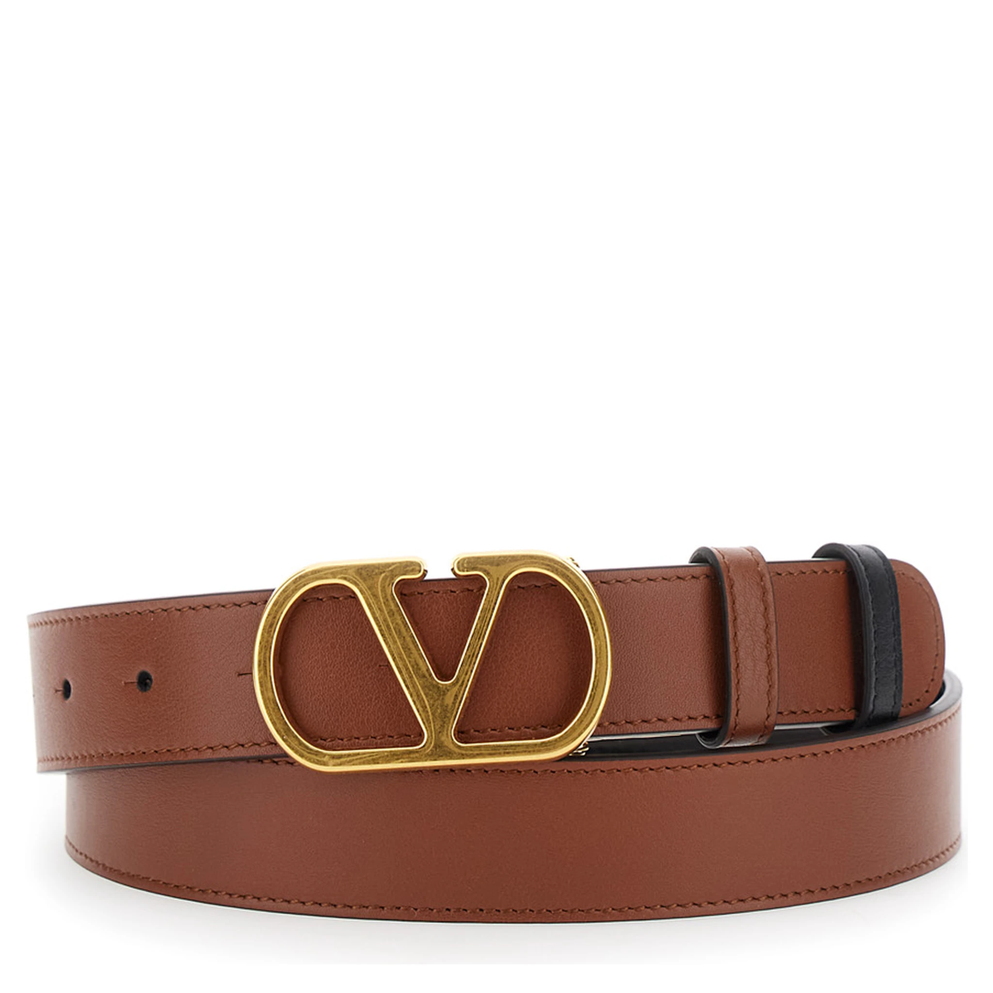 Brown Reversible Belt with VLogo Buckle Closure in Leather Man