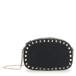 Rockstud Black Mini Bag with Chain-Link Shoulder Strap and Rockstud Embellishments in Grained Leather Woman