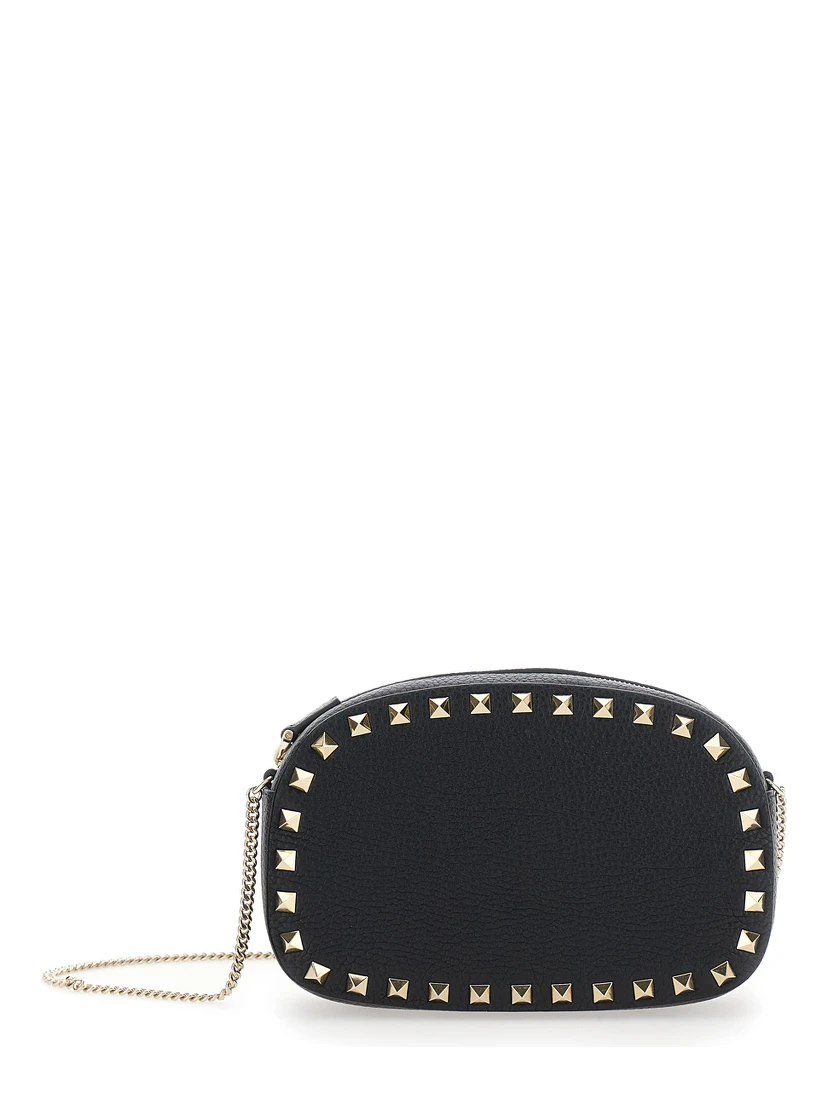 Rockstud Black Mini Bag with Chain-Link Shoulder Strap and Rockstud Embellishments in Grained Leather Woman
