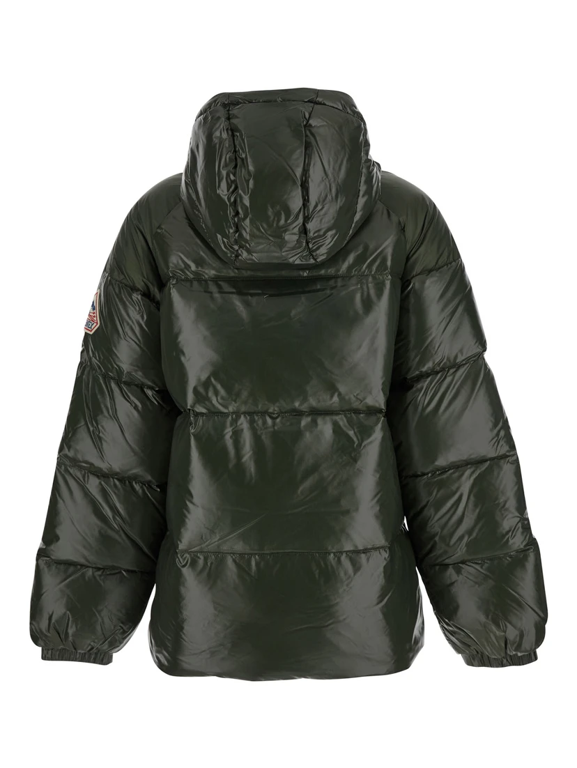 Sten Green Down Jacket with Drawstring Hood and Logo Patch in Technical Fabric Unisex