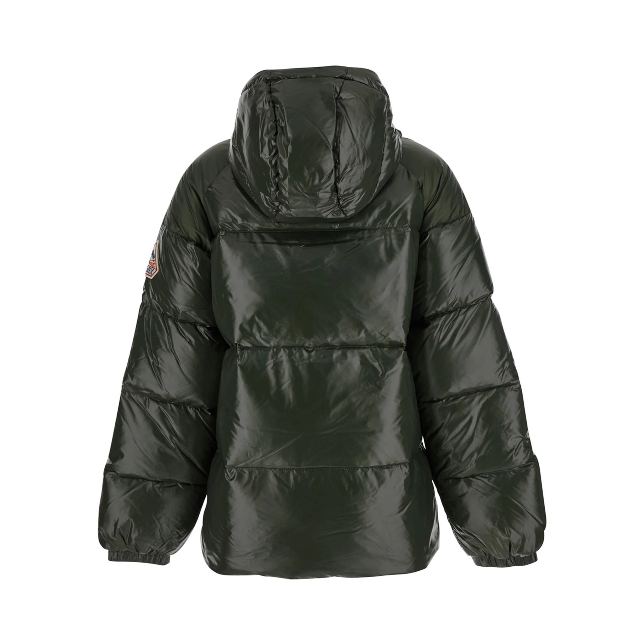 Sten Green Down Jacket with Drawstring Hood and Logo Patch in Technical Fabric Unisex