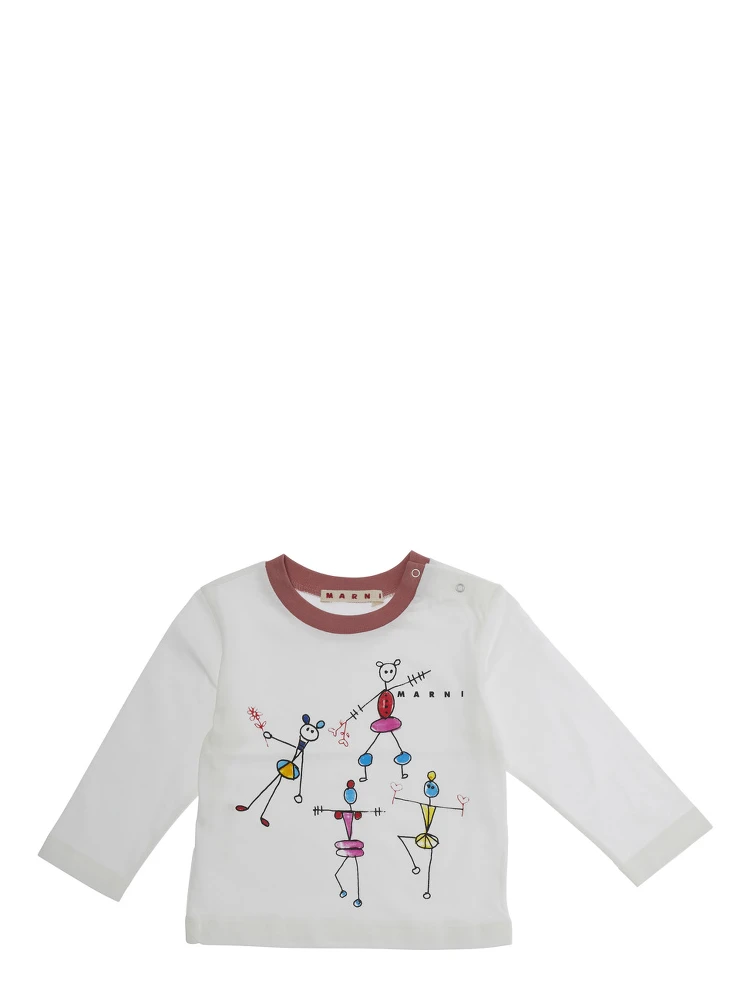 White Long-sleeved T-Shirt with Front Print in Cotton Baby