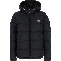 Black Down Jacket with Hood with Drawstring and VLogo Patch on the Front in Tech Fabric Man