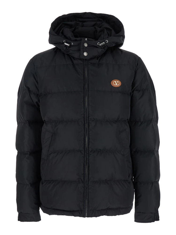 Black Down Jacket with Hood with Drawstring and VLogo Patch on the Front in Tech Fabric Man