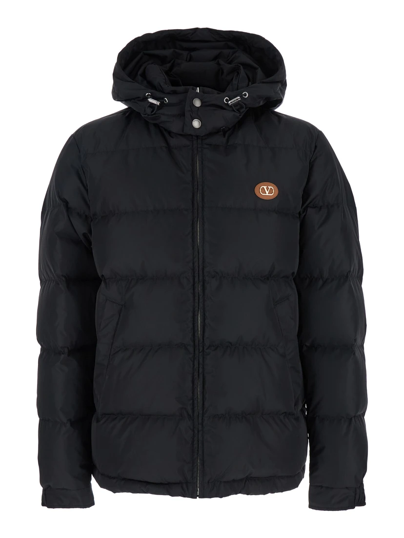Black Down Jacket with Hood with Drawstring and VLogo Patch on the Front in Tech Fabric Man