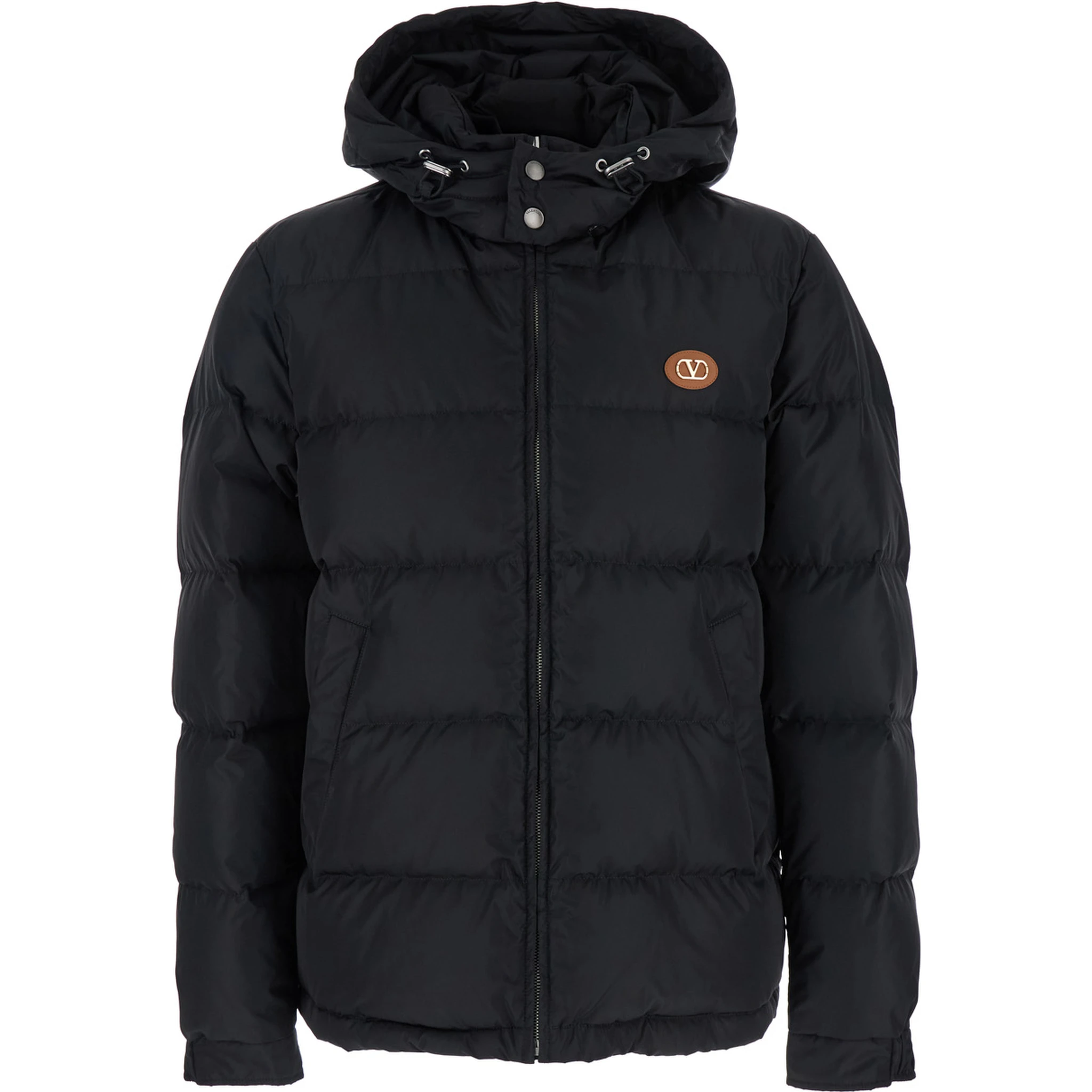 Black Down Jacket with Hood with Drawstring and VLogo Patch on the Front in Tech Fabric Man