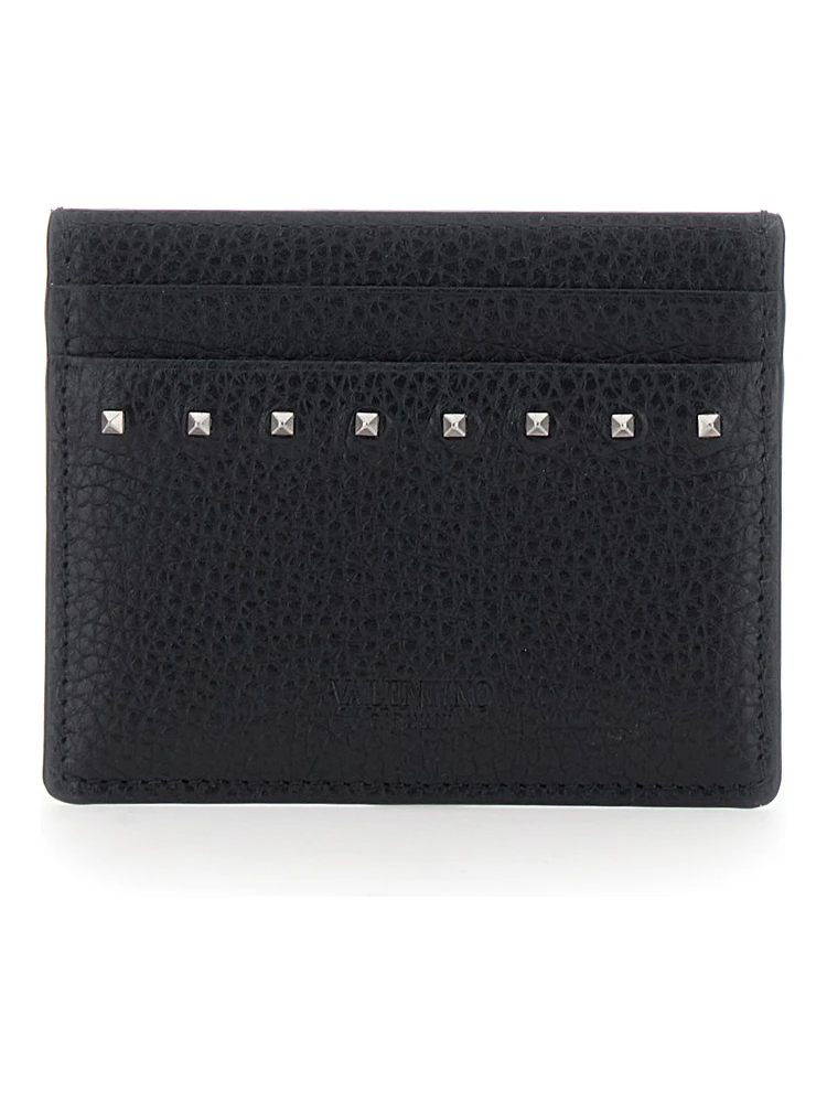 Black Card Holder with Rockstud Embellishments in Leather Man