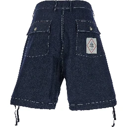 Dark Blue Shorts with Logo Patch on the Back in Denim Man
