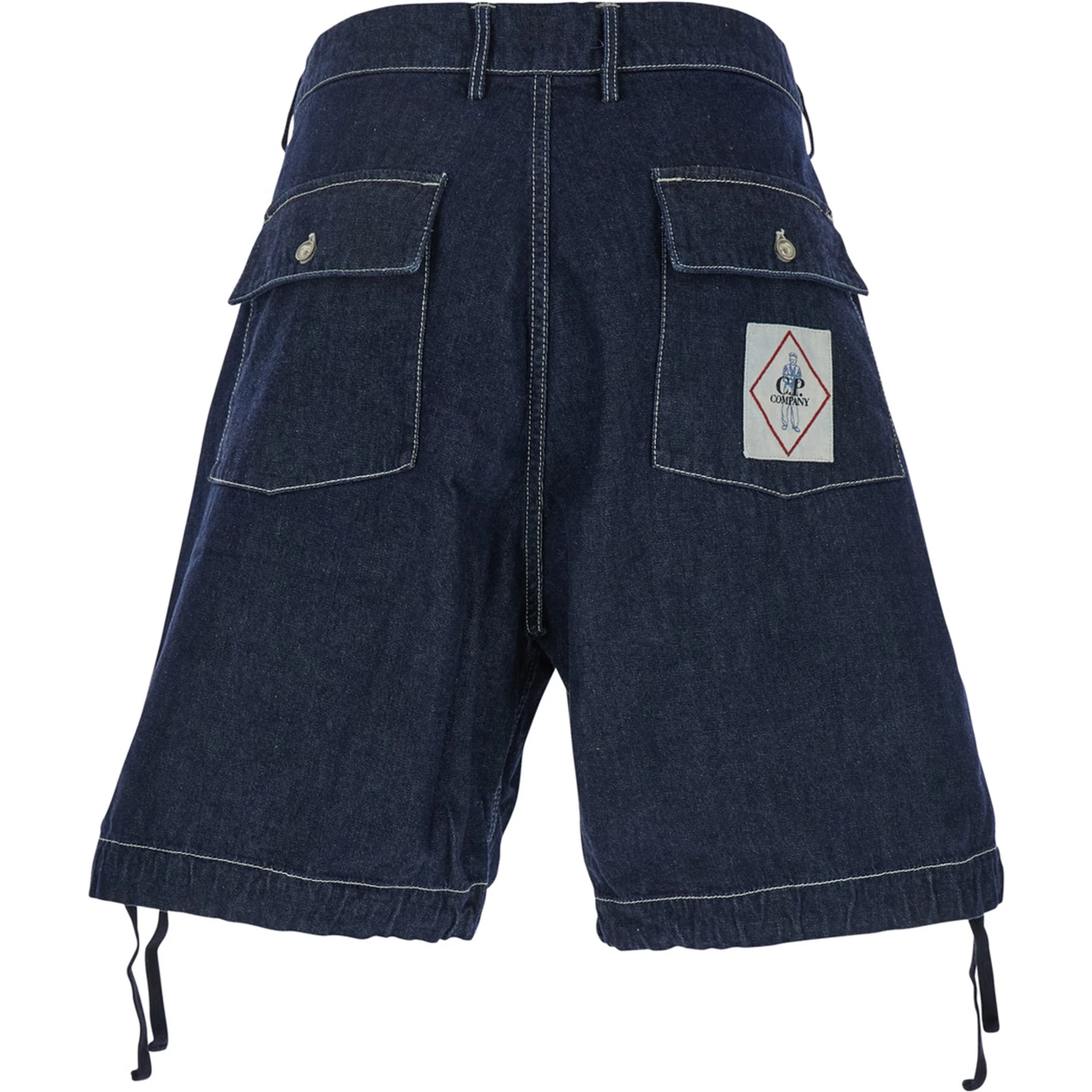 Dark Blue Shorts with Logo Patch on the Back in Denim Man