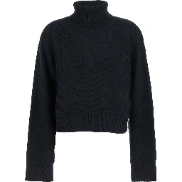 Black Turtleneck Cropped Sweater with Logo Plaque on the Rear in Wool Woman
