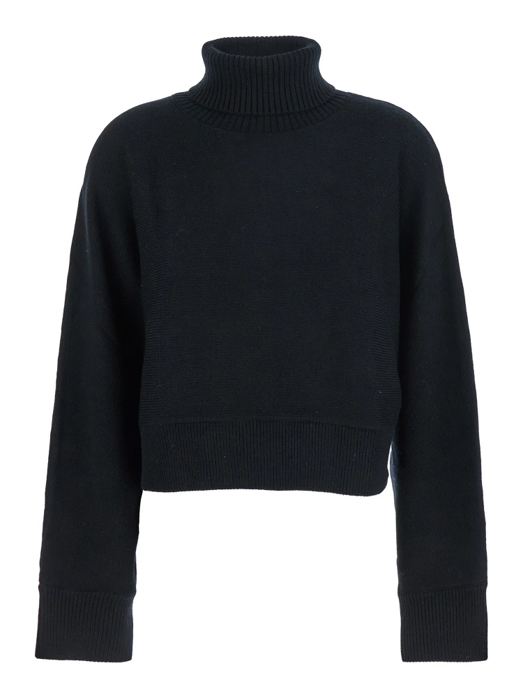Black Turtleneck Cropped Sweater with Logo Plaque on the Rear in Wool Woman