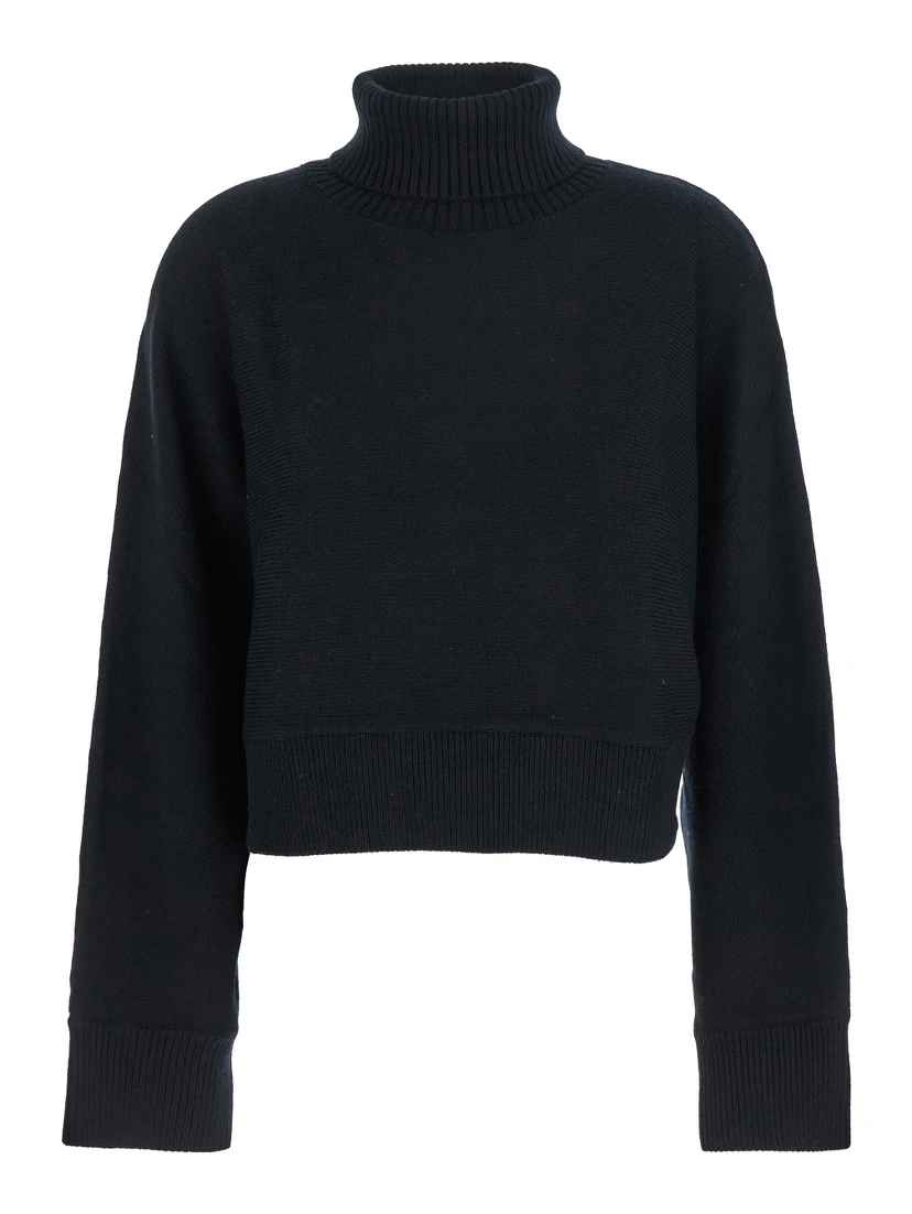 Black Turtleneck Cropped Sweater with Logo Plaque on the Rear in Wool Woman