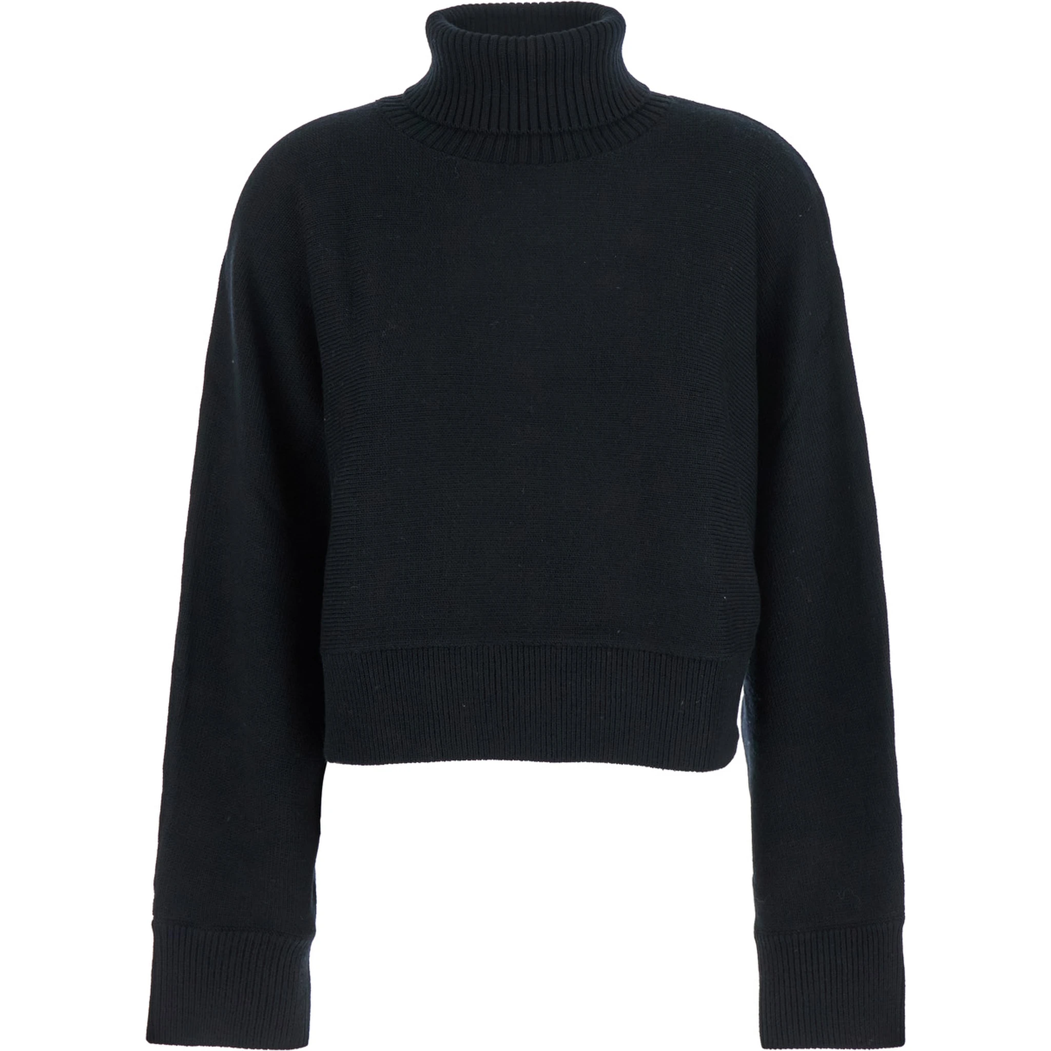 Black Turtleneck Cropped Sweater with Logo Plaque on the Rear in Wool Woman