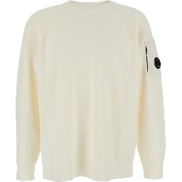White Crewneck Sweater with Logo Plaque on the Sleeve in Wool Blend Man