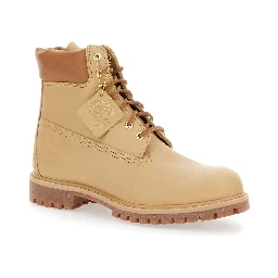 Beige Water-Proof Boots with Logo Plate in Leather Man