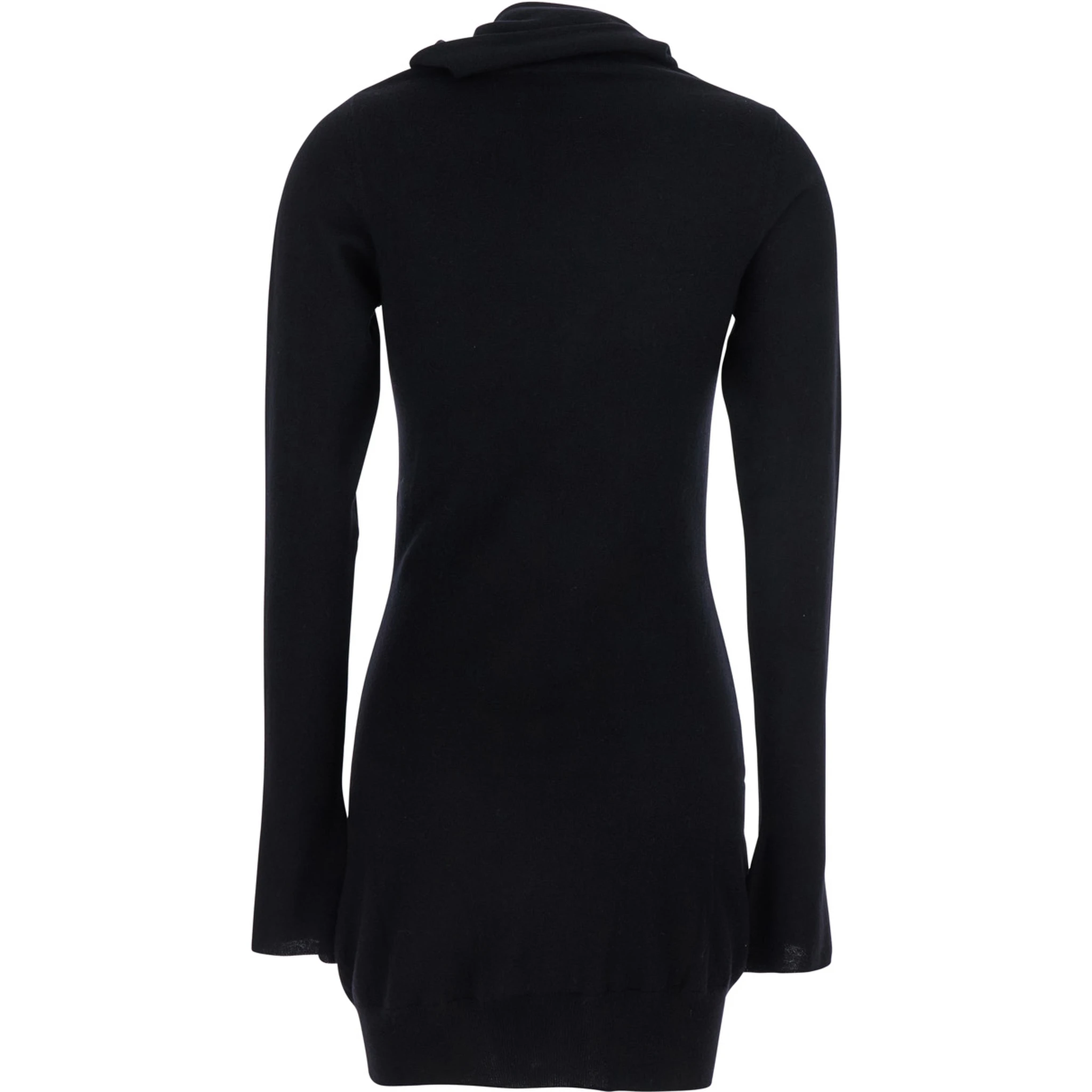 Black Mini Dress with Cowl Neck and Flared Sleeves in Wool and Cashmere Woman