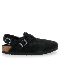 Tokio Black Mules with Engraved Logo in Suede and Shearling Woman
