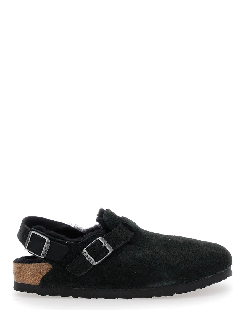Tokio Black Mules with Engraved Logo in Suede and Shearling Woman