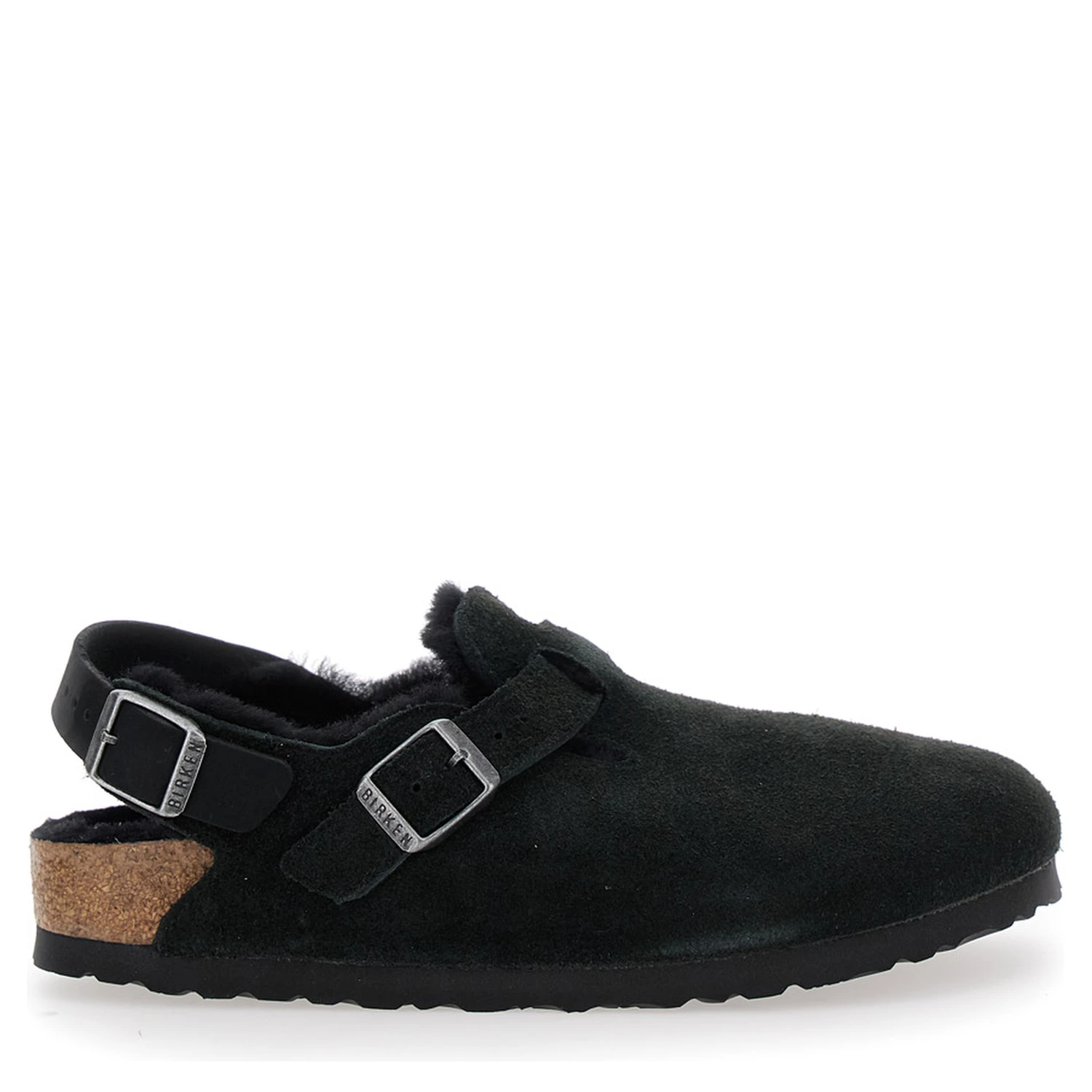 Tokio Black Mules with Engraved Logo in Suede and Shearling Woman