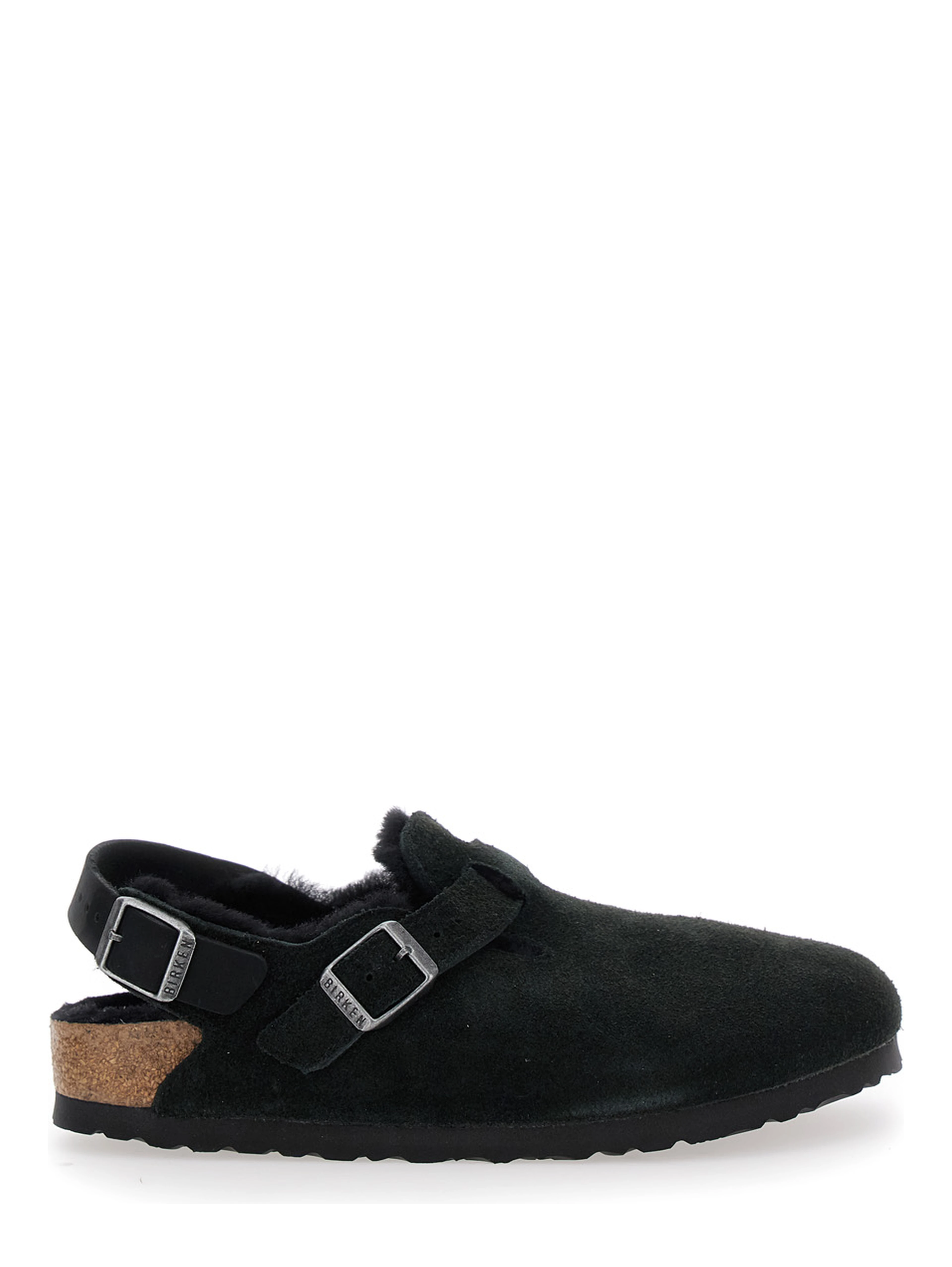 Tokio Black Mules with Engraved Logo in Suede and Shearling Woman