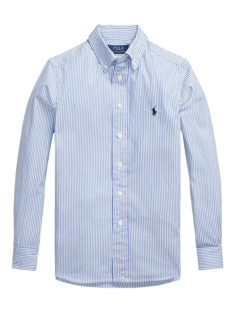 Slim Fit Light Blue Striped Shirt with Embroidered Logo on Chest in Cotton Boy