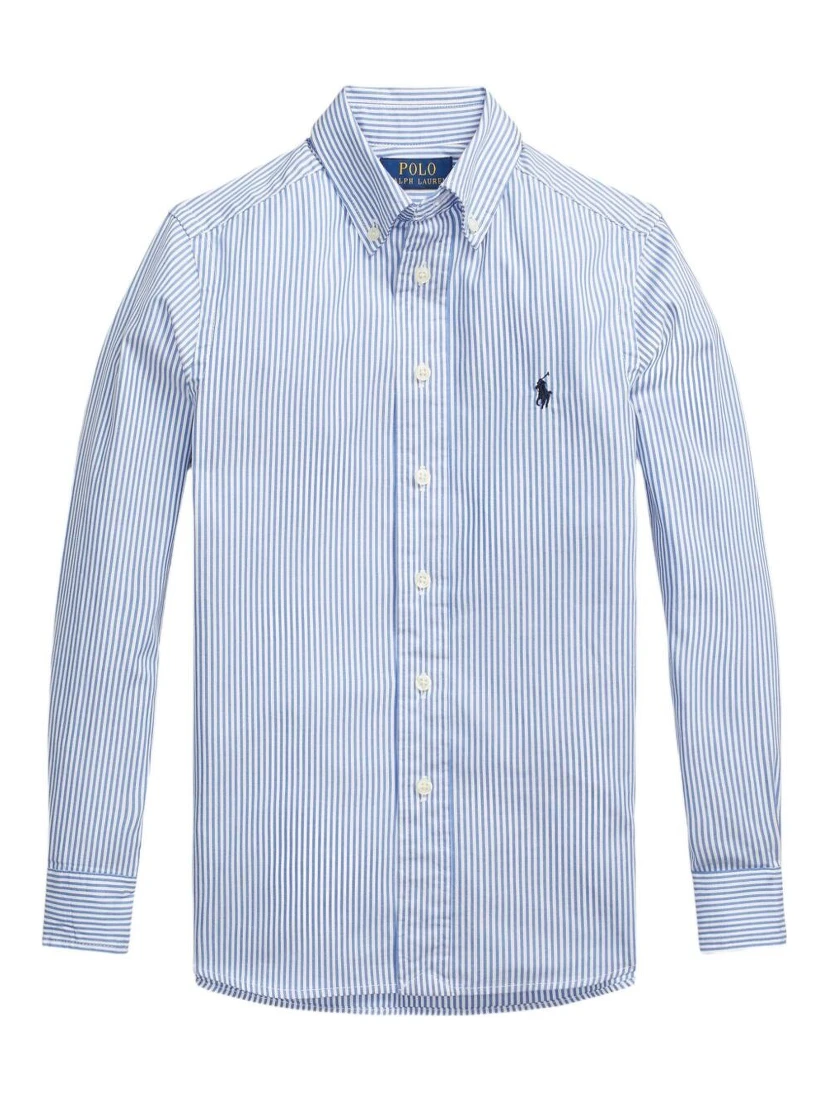 Slim Fit Light Blue Striped Shirt with Embroidered Logo on Chest in Cotton Boy