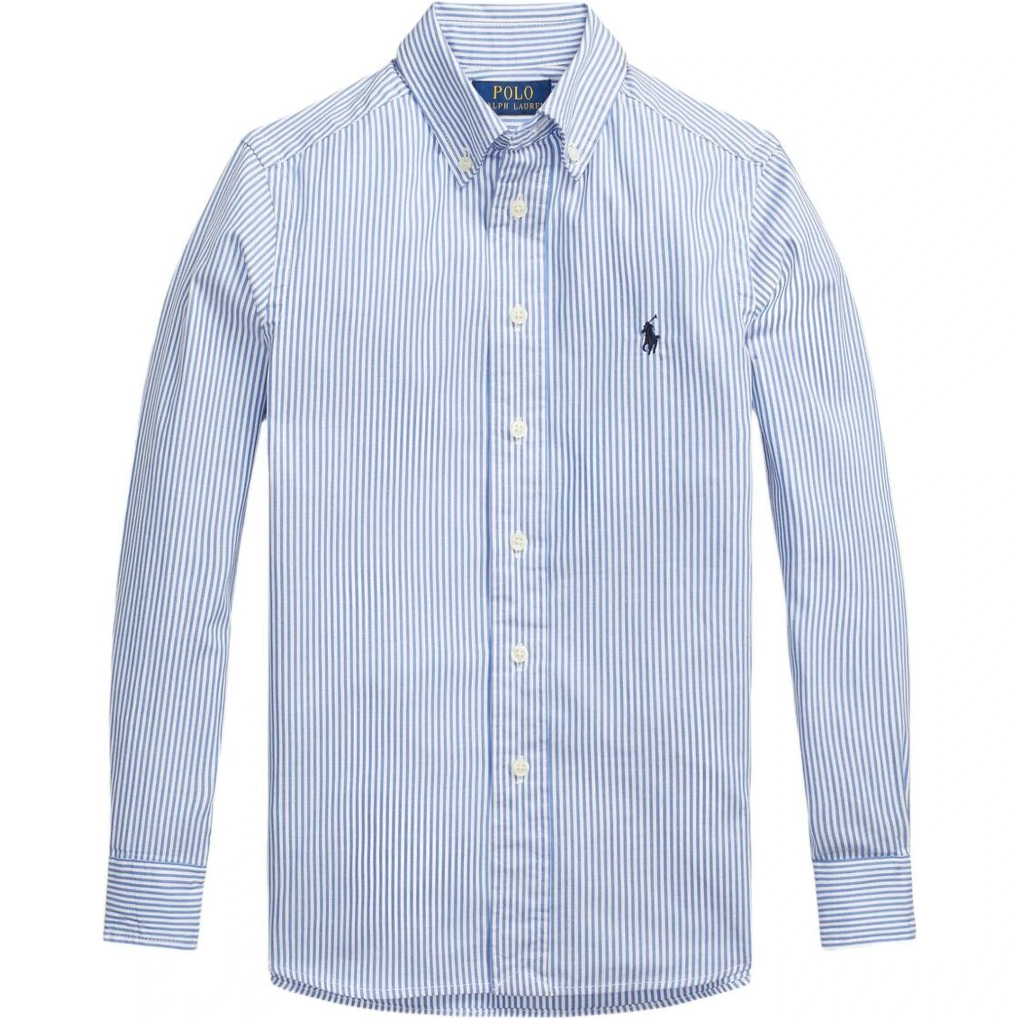 Slim Fit Light Blue Striped Shirt with Embroidered Logo on Chest in Cotton Boy