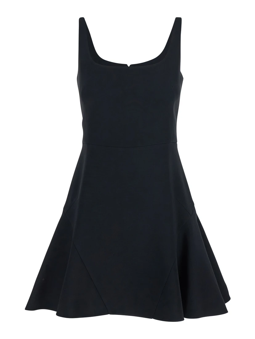 Black Mini Dress with Flared Skirt and Square Neckline in Viscose Blend Stretch Woman