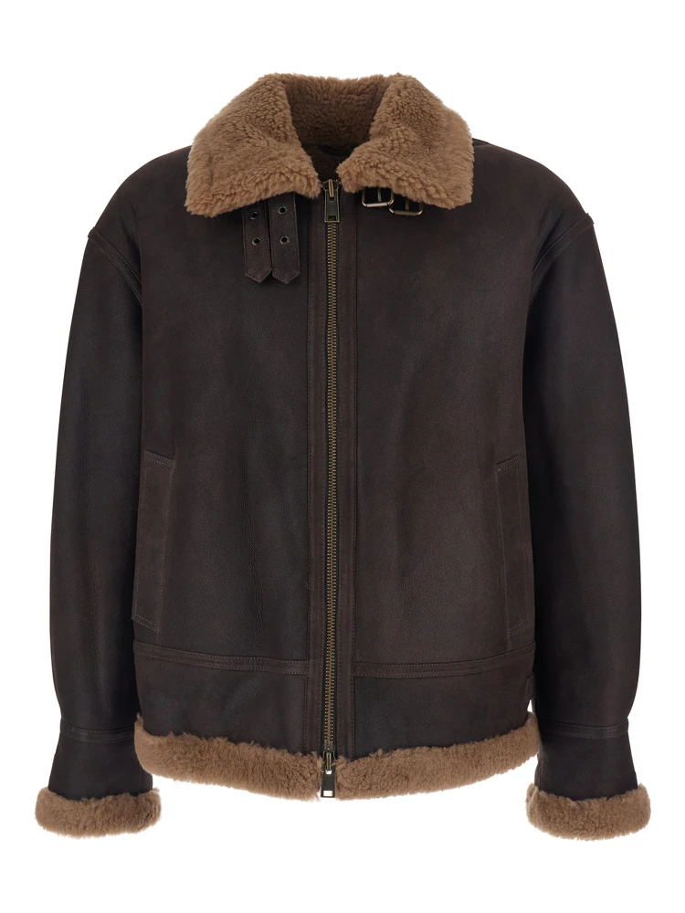 Brown Shearling Jacket with Zip Closure in Leather Man