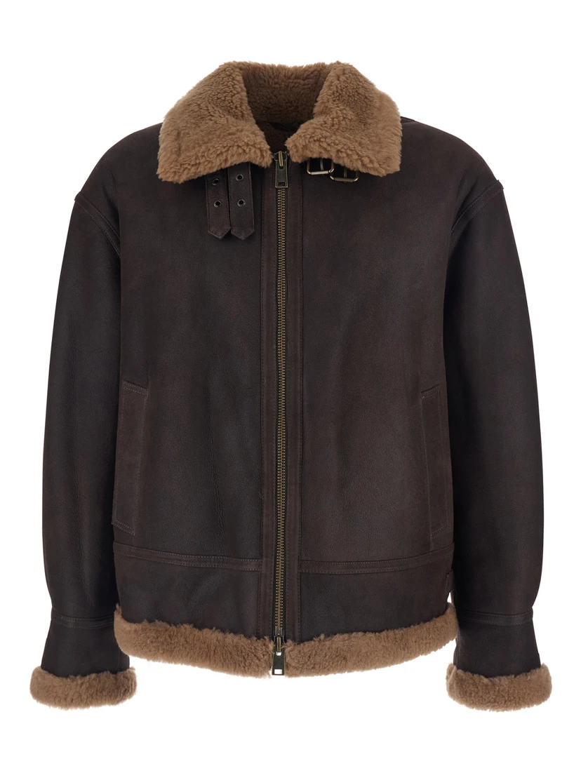 Brown Shearling Jacket with Zip Closure in Leather Man