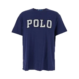 Blue Crewneck T-Shirt with Logo Lettering on the Fornt and Pony Embroidery on the Front in Cotton Man