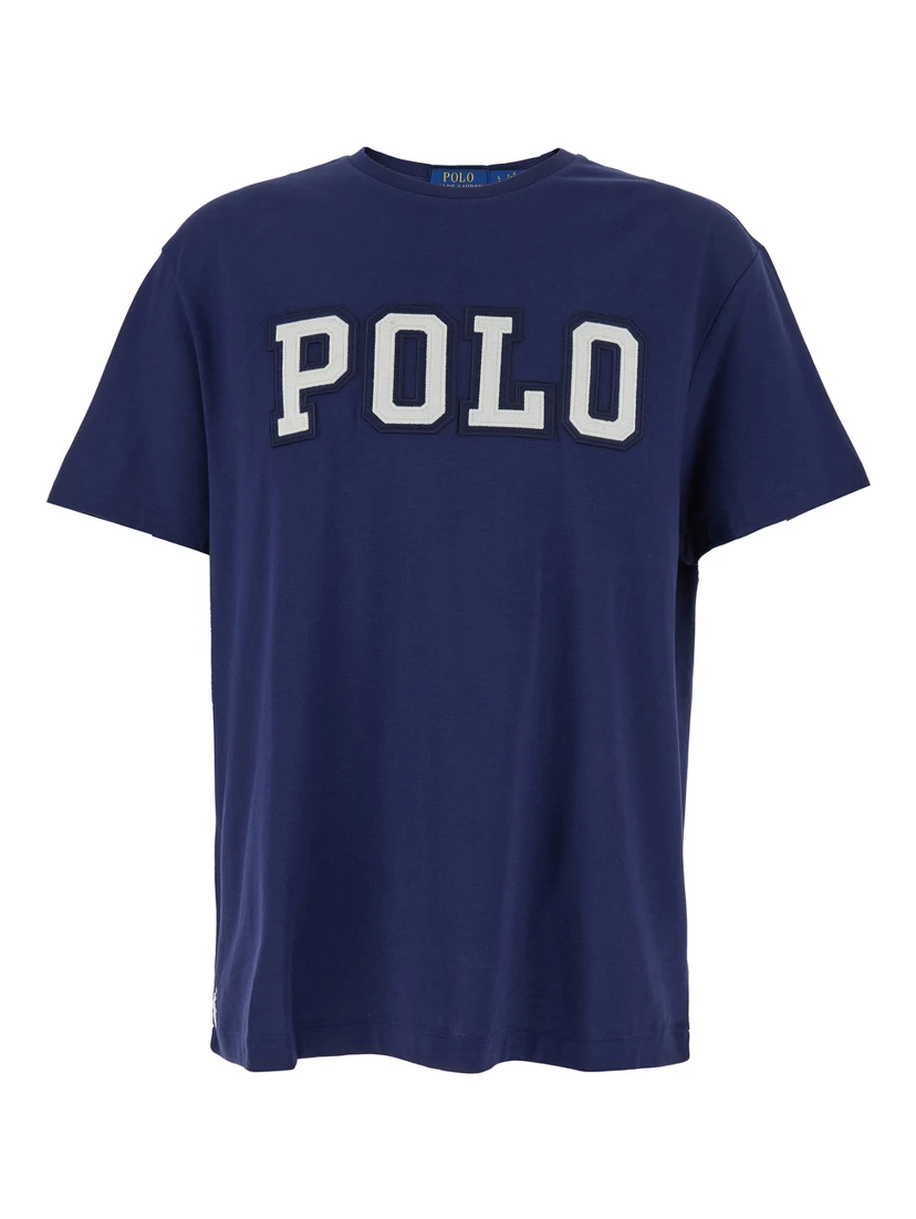 Blue Crewneck T-Shirt with Logo Lettering on the Fornt and Pony Embroidery on the Front in Cotton Man