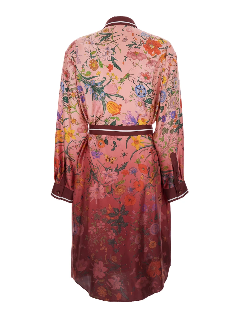 Bordeaux Gradient Dress with Removable Belt  and All-Over Flora Print in Silk Woman