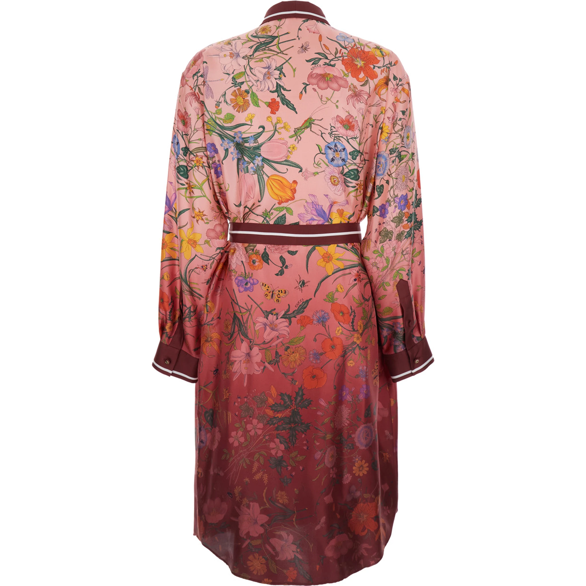 Bordeaux Gradient Dress with Removable Belt  and All-Over Flora Print in Silk Woman