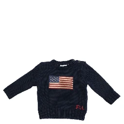 Blue Crewneck Sweater with Embroidery on the Front and Button Closure on the Sleeve in Cotton Baby