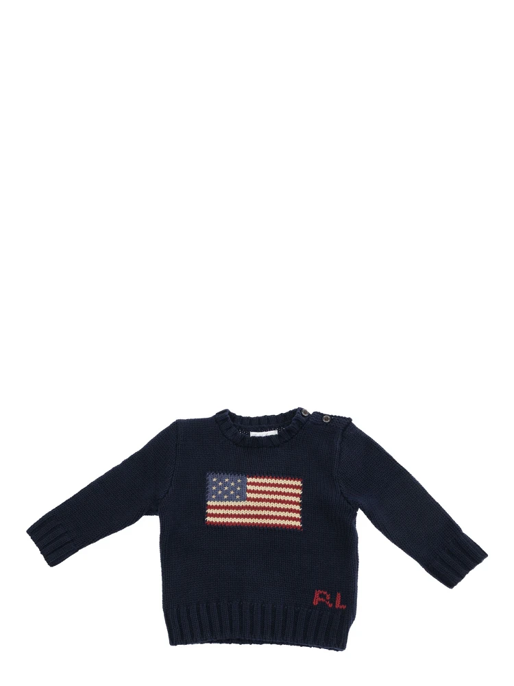 Blue Crewneck Sweater with Embroidery on the Front and Button Closure on the Sleeve in Cotton Baby