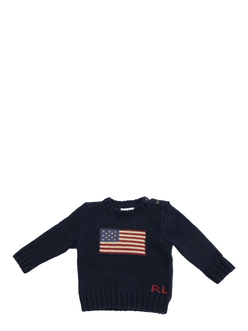 Blue Crewneck Sweater with Embroidery on the Front and Button Closure on the Sleeve in Cotton Baby